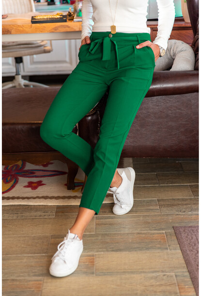 Women's Green Green Leg Detailed Waist Elastic Pleated Fabric Carrot  Trousers