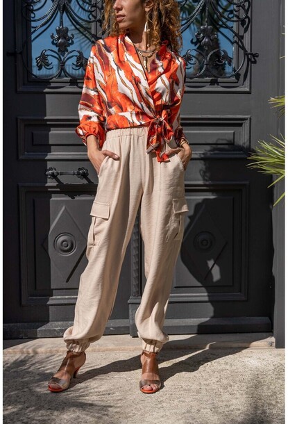 Safari Style Casual Solid Long Pants Women Button Up Side Pockets