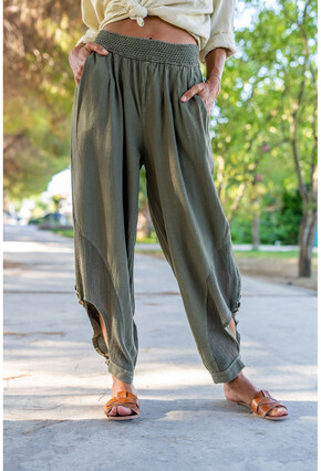 Women's Beige Waist And Leg Elastic Pocket Soft Textured Baggy Trousers  GK-BST3170