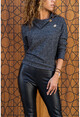 Womens Anthracite Turtleneck Button Detailed Soft Textured Sweater GK-BST3012