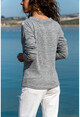 Womens Anthracite-White V Neck Leaf Garnish Sweater GK-BST2807
