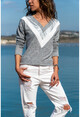 Womens Anthracite-White V Neck Leaf Garnish Sweater GK-BST2807