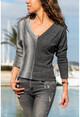 Womens Anthracite-Grey V-Neck Block Sweater GK-BST2808