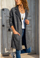 Womens Anthracite Self Woven Double Pocket Long Jacket Cardigan GK-BST3010