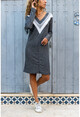 Kadın Antrasit V Yaka Kendinden Desenli Deri Garnili Bloklu Elbise GK-BST2994