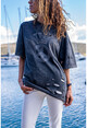Womens Anthracite Wash Printed Laser Loose T-Shirt GK-RSD2023