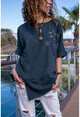 Womens Anthracite Washed Linen Star Sequin Asymmetric Cut Loose Blouse GK-RSD2022