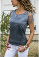 Womens Anthracite Washed Shoulder Laser Cut T-Shirt GK-RSD2034