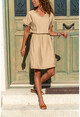 Womens Beige Waist Pleated Collar Slit Linen Dress GK-BST2874
