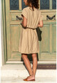 Womens Beige Waist Pleated Collar Slit Linen Dress GK-BST2874