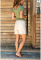 Womens Beige Elastic Waist Double Leg Linen Shorts GK-BST2891