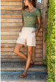 Womens Beige Elastic Waist Double Leg Linen Shorts GK-BST2891