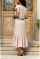 Womens Beige Straw Embroidered Skirt Frilly Long Dress GK-BST2556