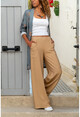 Womens Beige Linen Elastic Waist Loose Trousers GK-BST2933
