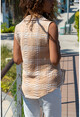 Womens Beige Sleeveless Square Pattern Special Textured Shirt GK-BST2878K