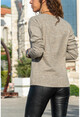 Womens Beige V-Neck Leather Garnish Soft Textured Sweater GK-BST2999