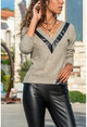 Womens Beige V-Neck Leather Garnish Soft Textured Sweater GK-BST2999