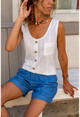 Womens White Strap Button Slim Knitted Knitwear Blouse BST3134