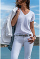 Womens White V-Neck Bat Sleeve Basic T-Shirt GK-JR211