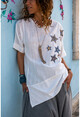 Womens White Washed Linen Star Sequin Asymmetric Cut Loose Blouse GK-RSD2022