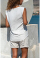 Womens Ecru Square Collar Linen Blouse GK-BST2911