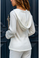 Womens Ecru V-Neck Hooded Sweater Gk-BSTM2751