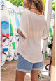 Womens Ecru V-Neck Soft Textured Star Embroidered Loose T-Shirt GK-RSD2067
