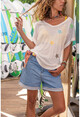 Womens Ecru V-Neck Soft Textured Star Embroidered Loose T-Shirt GK-RSD2067