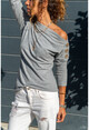 Womens Gray Off Shoulder Buttoned Sweater GK-BSTYN2747