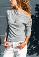 Womens Gray Off Shoulder Buttoned Sweater GK-BSTYN2747
