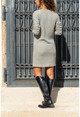 Womens Gray V-Neck Self Patterned Leather Garnish Block Dress GK-BST2994