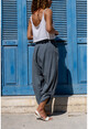 Womens Gray Washed Linen Pocket Elastic Waist Shalwar Trousers CCK58048ND