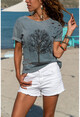 Womens Gray Washed Ripped Embroidered T-Shirt GK-CCK58052
