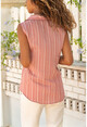 Womens Dried Rose Sleeveless Special Textured Striped Shirt GK-BST2878C