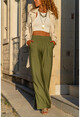 Womens Khaki Linen Elastic Waist Loose Trousers GK-BST2933