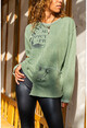 Womens Khaki Laser Asymmetrical Cut Washed Printed Sweatshirt GK-RSD2006