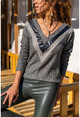 Womens Khaki V-Neck Self Patterned Leather Garnish Block Sweater GK-BST2987