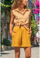 Womens Mustard Sleeveless Special Textured Striped Shirt GK-BST2878C