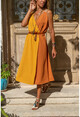 Womens Mustard-Tain Straw Strap Double Breasted Color Block Airobin Dress BST2922