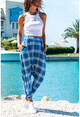 Womens Indigo Pocket Plaid Baggy Trousers GK-BST2917