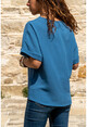 Kadın İndigo Hasır Düğme Detaylı Salaş Bluz GK-BST2851