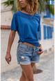 Womens Indigo Washed Skirt And Shoulder Mesh Soft Textured Loose T-Shirt GK-RSD2063