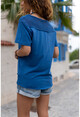 Womens Indigo Washed Skirt And Shoulder Mesh Soft Textured Loose T-Shirt GK-RSD2063