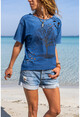 Womens Indigo Washed Ripped Embroidered T-Shirt GK-CCK58052
