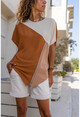 Womens Tile-Beige Airobin Color Block Shoulder Slit Zipper Detailed Blouse BST3139