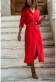 Womens Red Self Belt Long Shirt Dress BSTK4480
