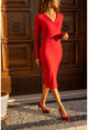 Womens Red V-Neck Glittery Slim Dress GK-BST3015