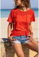 Kadın Kırmızı Yıkamalı Eteği Ve Omzu Fileli Yumuşak Dokulu Salaş T-Shirt GK-RSD2063