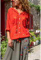 Womens Red Washed Linen Mesh Star Sequin Hooded Blouse GK-RSD2046