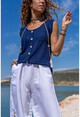 Womens Navy Blue Strap Button Slim Knitted Knitwear Blouse BST3134